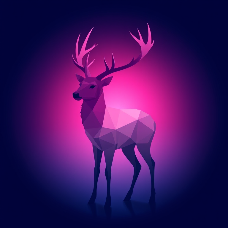 Create a high-resolution geometric illustration of a deer silhouette with a gradient color scheme from pink to blue, using a DSLR camera with a 50mm lens, aperture f/2.8, ISO 100, in a close-up view to enhance details and clarity.