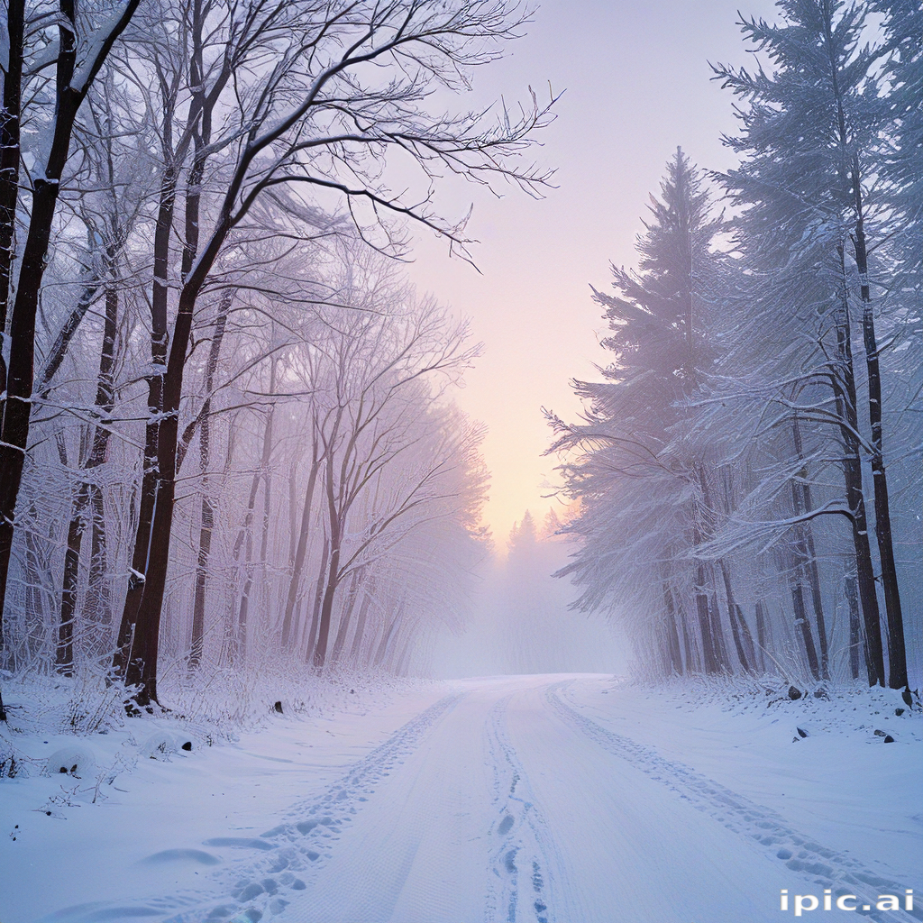 A Serene Winter Path Through a Misty Snow-Covered Forest Landscape