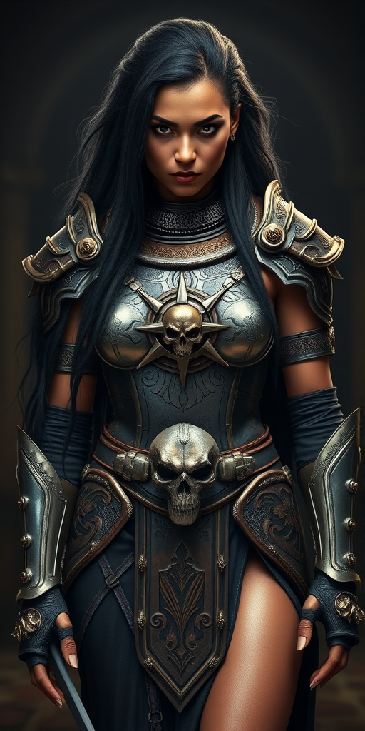Create a photo of a fierce Nubian female warrior with long black hair, wearing an ornate, metallic armor. The armor includes a breastplate with intricate designs, shoulder guards, and gauntlets. The breastplate is decorated with a central emblem, possibly representing a mythical symbol, and has a sculpted, form-fitting design. She wears a belt with a large skull ornament at the center, and her armor extends into a partial skirt, revealing one leg. The overall look is both protective and stylish, with a dark, gothic aesthetic. The background is dimly lit, suggesting a medieval or fantasy setting, enhancing the warrior's imposing presence and intense expression.