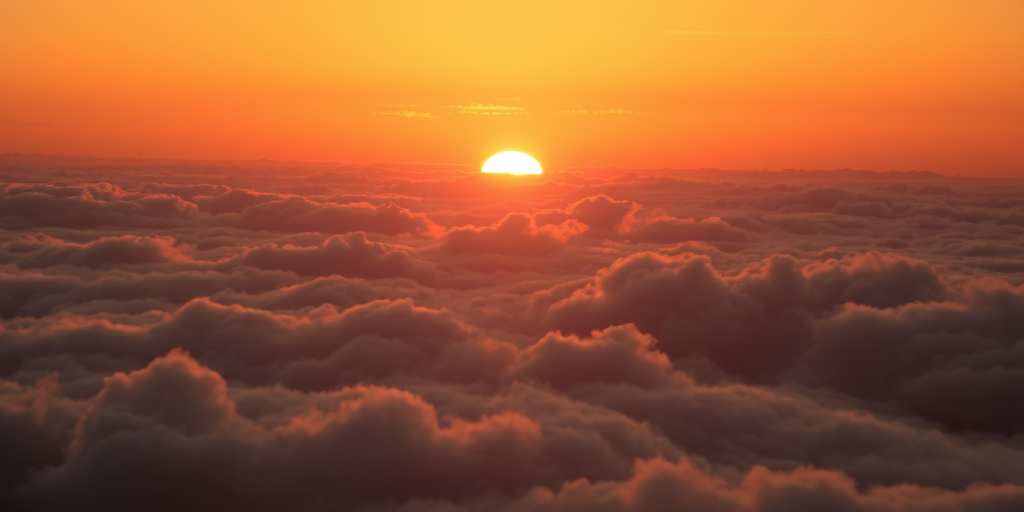 sunset over clouds with sun peeking through, warm tones, soft focus, ISO 100, f/11, 1/200s, taken with a DSLR, wide angle lens, golden hour lighting