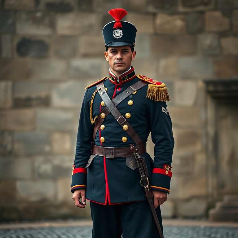 Create an image of a historical figure in a traditional military outfit standing confidently, full-body portrait, shot with a Canon EOS R5, 50mm lens, f/1.8 aperture, ISO 100, natural lighting, emphasis on detailing and texture in clothing.