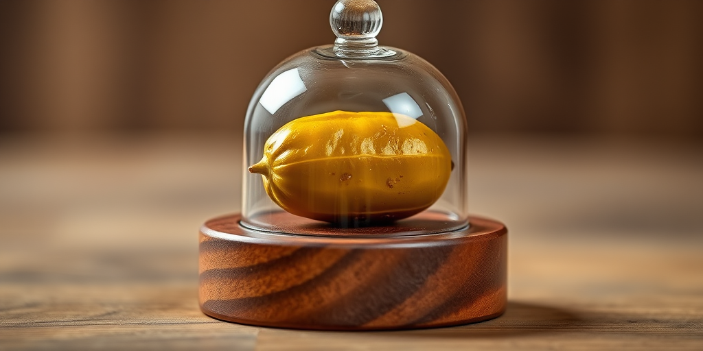 create a highly detailed image of a preserved pickle under a glass dome on a wooden base, using a DSLR camera, aperture f/2.8, shutter speed 1/60s, ISO 100, with a macro lens for sharp focus and rich colors, soft diffused lighting for a natural look, shot from a slightly downward angle to emphasize the dome and pickle inside