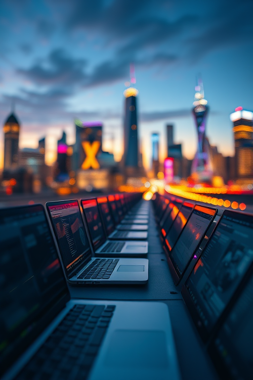 Create a high-resolution digital art image of multiple laptops in a futuristic city skyline at dusk, using a wide-angle lens, f/2.8 aperture, ISO 100, 30-second exposure, focus on vibrant light trails emanating from the screens, with a bokeh background effect.