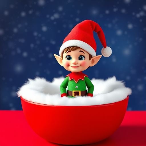 Create a high-resolution 3D render of a cheerful cartoon elf wearing a red Santa hat and a green and blue outfit, standing on a fluffy white surface inside a bright red bowl, set against a starry night sky background, using a DSLR camera with a 50mm lens, aperture f/1.8, ISO 100, and soft lighting for enhanced detail and vibrancy.