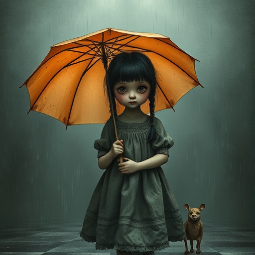 An eerie, weird little girl with dark hair in thin pigtails, wearing a smock dress, standing in the rain, holding a dirty orange umbrella, a small, odd creature beside her. In a surreal style inspired by Nicoletta Ceccoli and Brian Froud. Dark fantasy themes