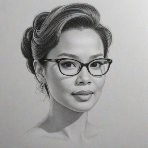 Elegant Lea Salonga, pencil sketch, portrait of Alluring woman 1953s in glasses, hair style beatnik, outline, clear lines, fine lines, 8k
