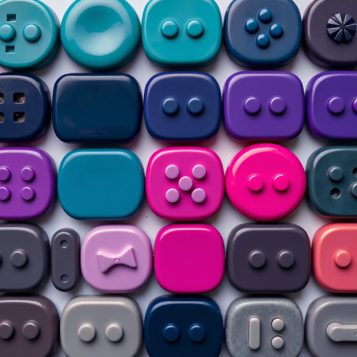 Generate an image of a grid of glossy colored buttons, displaying a variety of shades including teal, navy, purple, magenta, and gray, high-resolution, taken with a Canon EOS 5D Mark IV, 50mm lens, aperture f/2.8, ISO 100, soft lighting, top-down view.