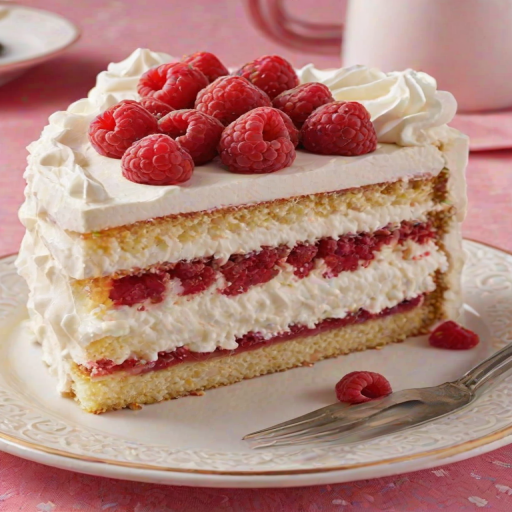 Generate an image of a slice of cake with layers of light sponge, filled with raspberry filling and topped with whipped cream. The cake should have fresh raspberries visible between the layers and a decorative edge of whipped cream on top. The background should be a simple, soft color to highlight the cake.