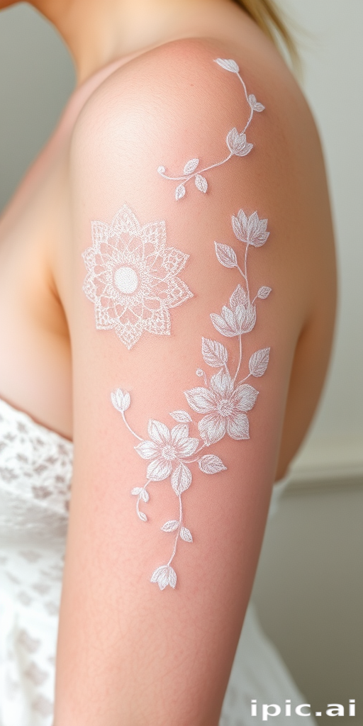 Delicate white ink tattoo called "Ethereal Whispers" featuring lace-like patterns and botanical motifs that appear to float ethereally on the skin in varying levels of opacity