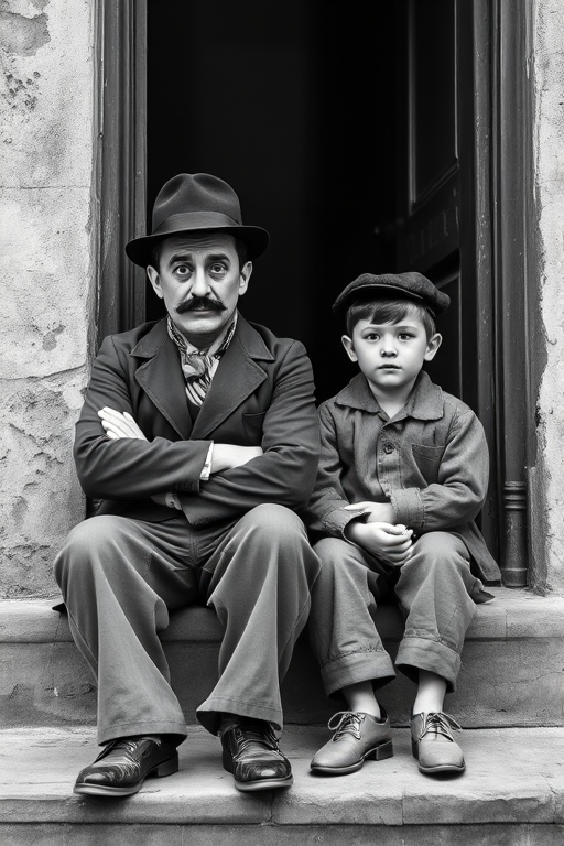 A black-and-white photograph of a man and a child sitting on steps in front of a doorway. The man is dressed as a tramp with a bowler hat, mustache, and ragged clothes, reminiscent of Charlie Chaplin's iconic look. He is sitting with his arms crossed and an expression of slight sadness or frustration. Next to him is a young boy, also in worn clothes and a cap, sitting with his hands clasped, looking thoughtful. The background is an old, textured wall and a partially open door, creating a vintage, early 20th-century atmosphere.