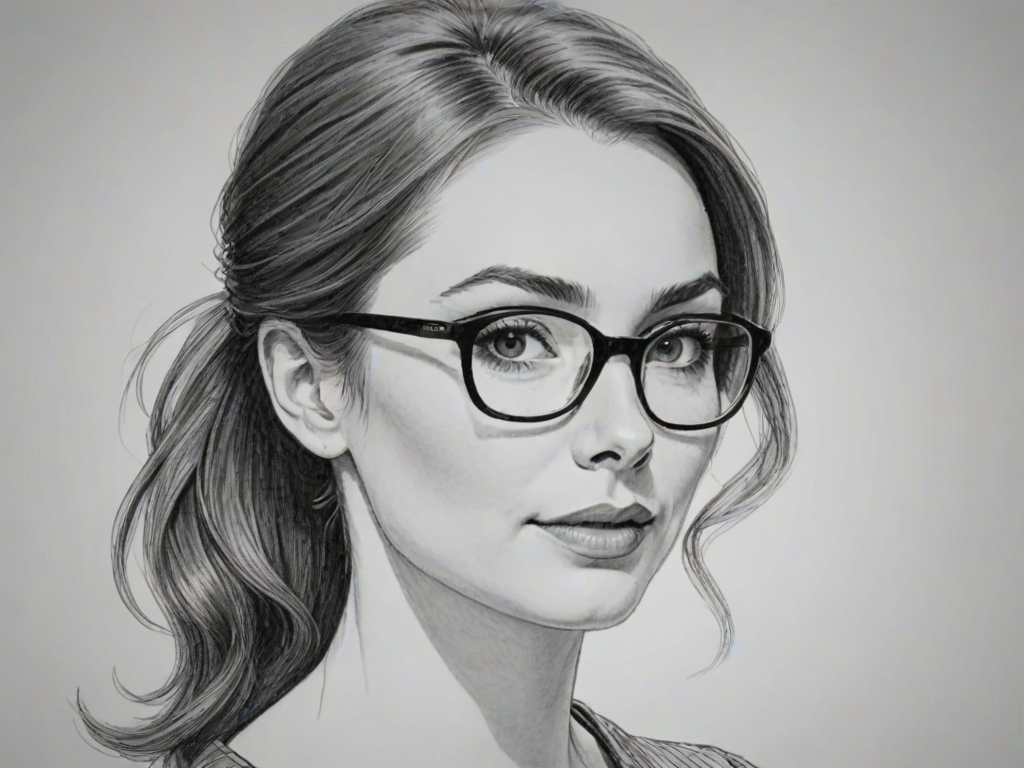 Graceful Felicia Day, pencil sketch, portrait of Attractive woman 1961s in glasses, hair style beatnik, outline, clear lines, fine lines, 8k