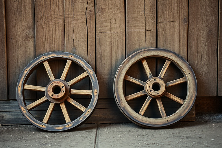 Vintage wooden wheels resting against a weathered, painted wooden backdrop, captured with a Canon EOS R5, ISO 100, f/2.8, 50mm lens, soft focus with natural lighting, shallow depth of field for enhanced depth and clarity.