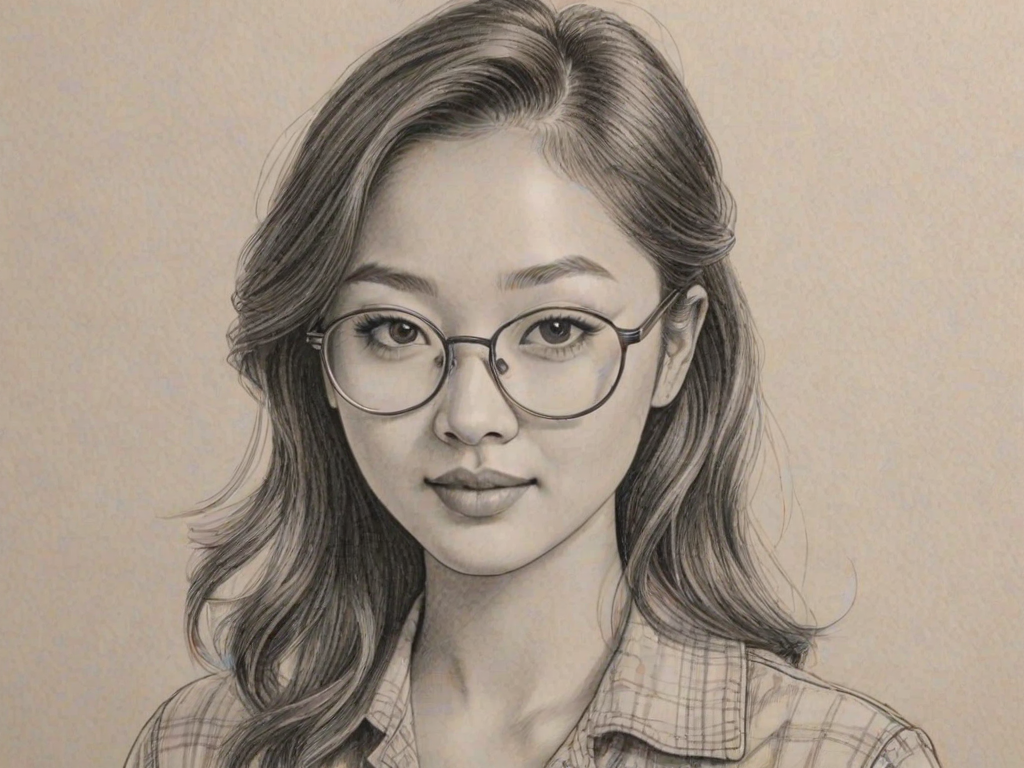 Captivating Lana Condor, pencil sketch, portrait of Lovely woman 1947s in glasses, hair style beatnik, outline, clear lines, fine lines, 8k