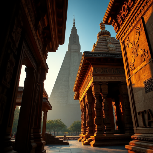 a majestic temple interior with intricate carvings and a pyramidal tower in the background, golden hour lighting casting warm hues, taken with a DSLR camera, f/8 aperture, 24mm focal length, ISO 100, natural depth of field, wide-angle view, emphasizing architectural details and surrounding landscape