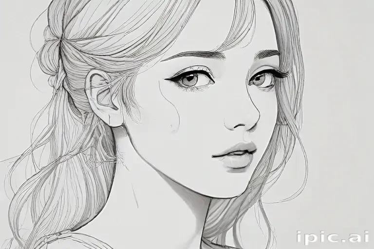 Intricate Line Art Portrait of a Young Woman with Graceful Features
