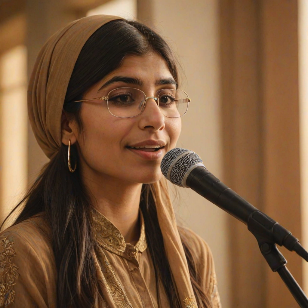 A close-up portrait of a mia khalifa with her eyes closed, singing into a microphone, positioned on the right side of the frame, facing the viewer. She is wearing a brown headscarf, gold earrings, and a brown blouse, and is bathed in warm, golden light emanating from the windows behind her. A blurred figure of a man singing into a microphone is visible in the background. The scene has a sense of calm and spirituality.