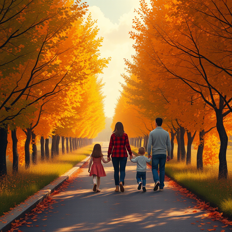 Create a digital illustration of a family of five walking hand in hand down a serene pathway in autumn, vibrant trees lining the sides, warm color palette, soft sunlight filtering through clouds, camera settings: f/4, ISO 100, shutter speed 1/200s, camera view: wide angle, camera style: cinematic, camera type: digital mirrorless.