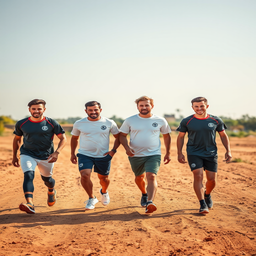 Regenerate the image of four men walking on a dirt field, displaying camaraderie and sportswear, captured with a DSLR camera, aperture f/4, shutter speed 1/500s, ISO 100, 50mm lens, in a natural light setting, using a shallow depth of field to blur the background and focus on the subjects.
