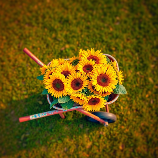 wheelbarrow filled with sunflowers, vibrant orange to green gradient background, shot with a DSLR camera at f/8 aperture, 50mm lens, natural lighting, top-down view, high dynamic range imaging