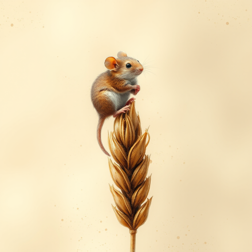 Soft, muted Alcohol Ink with ebru effect background image of tiny whimsical mousey, who climbed high on the top of a golden rye ear.