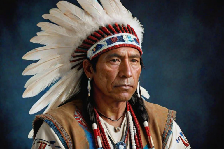 Create a dignified portrait of a Native American man dressed in traditional attire. He wears a beautifully crafted headdress adorned with white feathers and red beads, along with a beaded headband featuring intricate patterns. His clothing includes a deep blue, patterned shirt and a traditional chest piece with detailed beadwork. His arms are crossed, displaying leather armbands decorated with feathers. The background is simple and neutral, emphasizing his proud and stoic expression. The overall image captures the rich cultural heritage and strength of his persona.