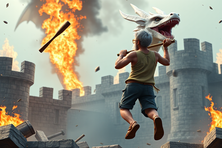 Cartoon 3D High-Resolution,dynamic battle scene using Unreal Engine 5 and Octane Render. The scene features back of an elderly, thai man with a beard,messy hair and round golden-rimmed glasses. He is wearing a tattered tank top with soot marks, shorts, and sandals. sweating. he wields a baseball bat. He jump to fight with a white fire-breathing Europe dragon amidst a partially destroyed stone castle. Include intense flames, smoke, and debris to enhance the dramatic effect.