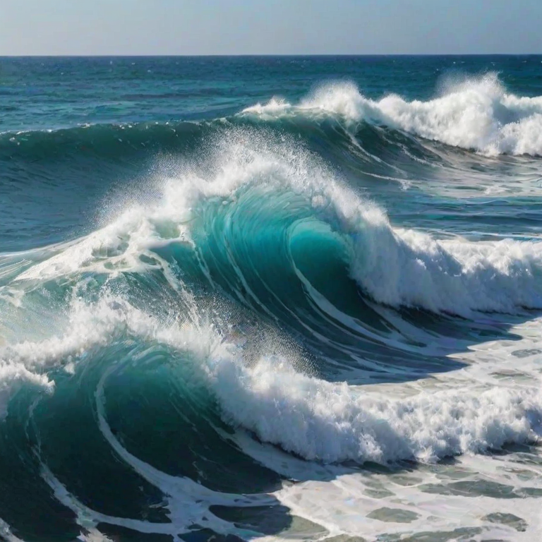 generate an image of vibrant blue ocean waves crashing against each other under a sunny sky