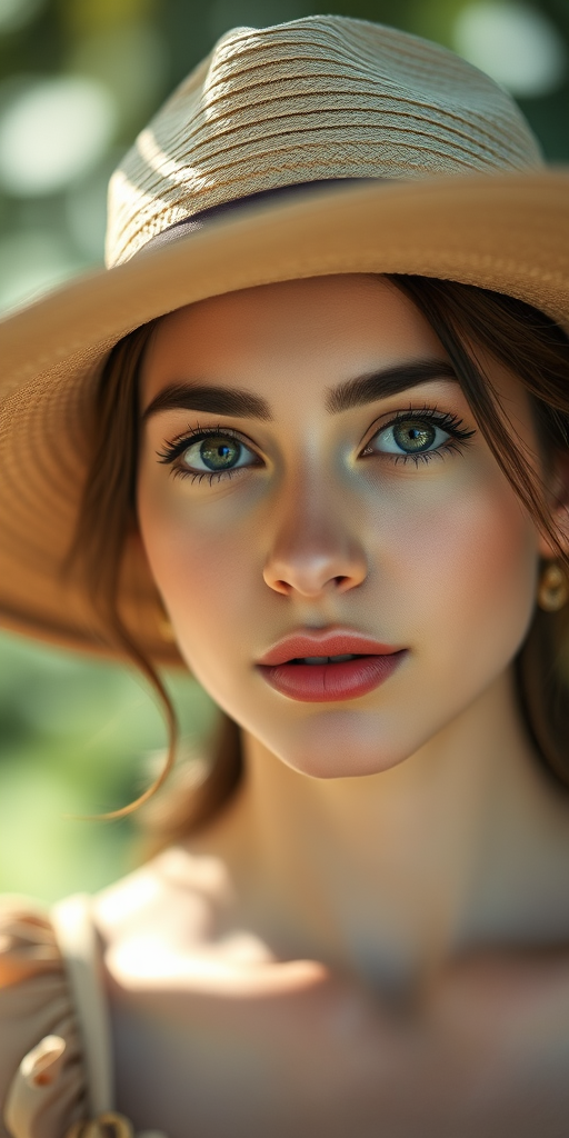 Create a portrait of a young woman wearing a wide-brimmed hat with soft, natural lighting, focus on her expressive eyes and gentle features, use a 50mm lens at f/1.8 for a shallow depth of field, shot in a soft focus style with a Canon EOS R5 for a high-resolution finish.