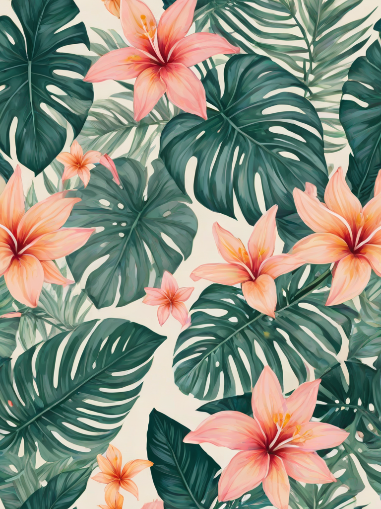 create a seamless pattern featuring tropical leaves and flowers in soft pastel colors on a light background