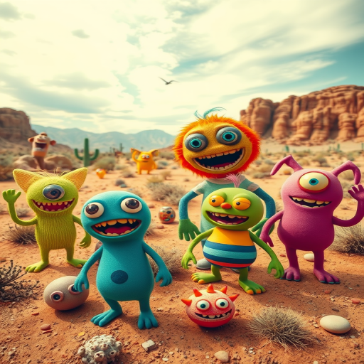 colorful cartoon monsters in a desert landscape, vibrant and playful style, wide-angle view, f/8 aperture, ISO 100, 24mm lens, high dynamic range settings, digitally enhanced quality