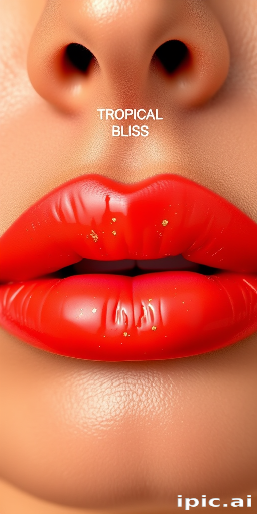 Vibrant coral sunset lips with a glossy finish, dubbed "Tropical Bliss," feature a subtle ombre effect and tiny gold flecks for a glamorous beach-inspired look