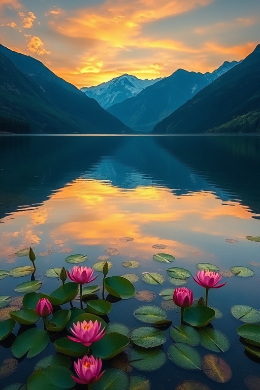 Create a serene landscape scene with a tranquil lake surrounded by mountains at sunset, featuring vibrant pink flowers and lily pads in the water, captured with a DSLR camera, 24mm lens, f/8 aperture, ISO 100, soft-focus style for enhanced depth and vivid colors.