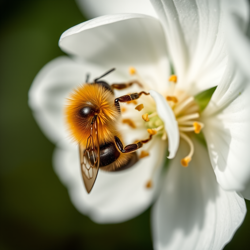 macro shot of a bee collecting pollen from a white flower using a DSLR camera with a 100mm macro lens, aperture f/2.8, ISO 200, shutter speed 1/200s, natural lighting, shallow depth of field, focus on the bee