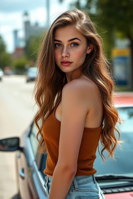 Portrait of a young woman with long wavy hair standing beside a car in a vibrant outdoor setting, natural light, shallow depth of field, 50mm lens, f/2.8 aperture, ISO 100, shot from eye level, using a DSLR camera.