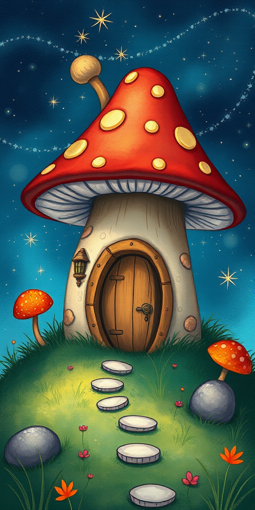 create illustration of a mushroom house with a door and a window, a storybook , fantasy art, mushroom house, bg starry sky, sparkles