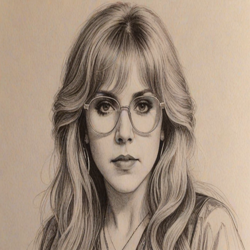 Bewitching Stevie Nicks, pencil sketch, portrait of Resplendent woman 1978s in glasses, hair style beatnik, outline, clear lines, fine lines, 8k