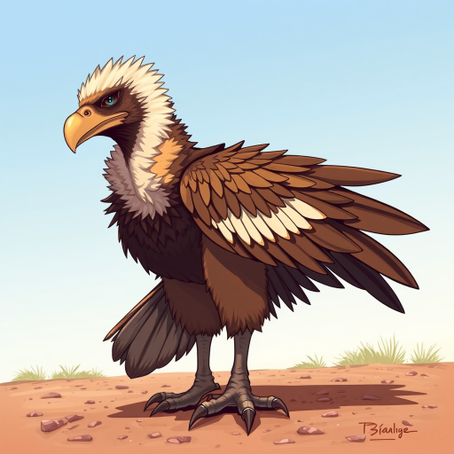 create a detailed illustration of a large, stylized bird-like creature with a vulture's head and feathers in a mix of browns and creams, imagine it in a dynamic pose with one wing slightly raised and sharp talons, captured from a low angle using a DSLR camera with a 50mm lens, aperture set to f/2.8 for a shallow depth of field, high saturation and contrast to enhance colors, shooting in natural light for a vibrant effect.