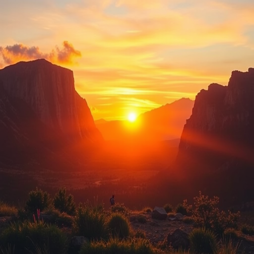 Generate a vibrant sunset landscape featuring a lone hiker in front of majestic mountains and a lush valley, using a DSLR camera with a wide-angle lens, f/8 aperture, ISO 100, 1/250 sec shutter speed, and a golden hour setting to enhance colors and detail.
