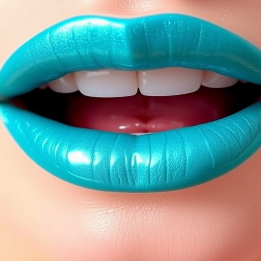 Bright turquoise lips with a glossy finish and iridescent blue-green shift, dubbed "Mermaid's Lagoon Splash"