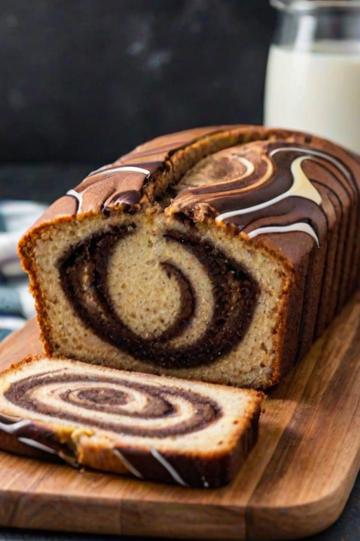 Generate an image of a freshly baked marble cake sliced on a wooden cutting board. The cake should have a mix of chocolate and vanilla swirls, with a soft texture and a moist appearance. Include a glass of milk in the background and a striped kitchen towel underneath the cutting board.