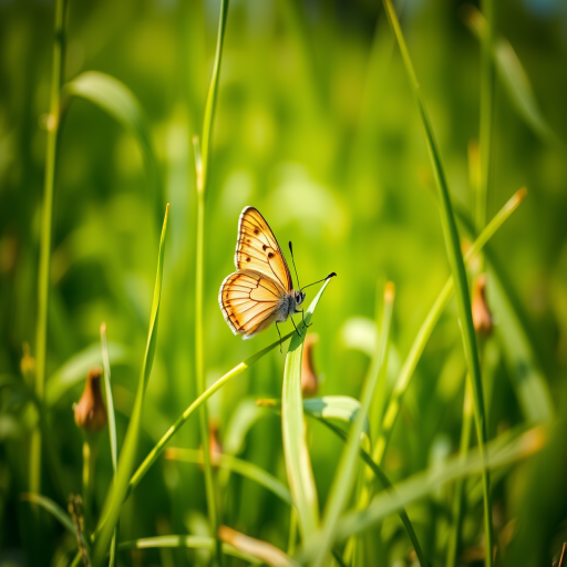 butterfly perched on a grass blade in a lush green field, capture with a macro lens at f/2.8, ISO 100, shutter speed 1/200s, natural sunlight, taken with a DSLR camera from a low angle for depth and detail