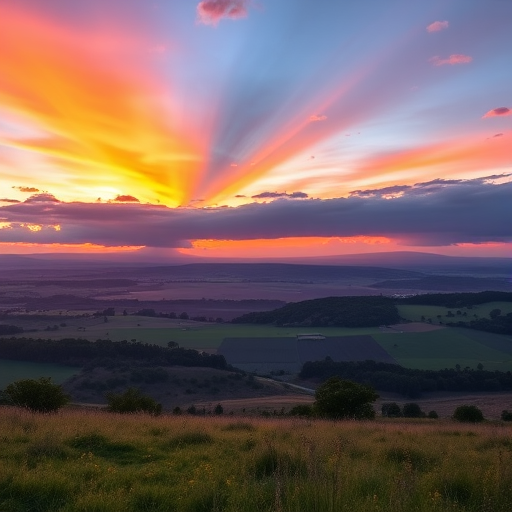 Create a high-resolution image of a serene landscape at sunset with vibrant colors, using a Canon EOS R5 camera, 24mm lens, f/11 aperture, ISO 100, 1/200s shutter speed, shot from a wide-angle perspective for an expansive view.