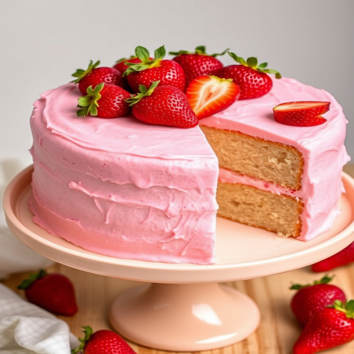 A beautifully frosted pink strawberry cake with fresh strawberry slices on top displayed on a light-colored cake stand, with a slice cut out to reveal the moist cake inside.