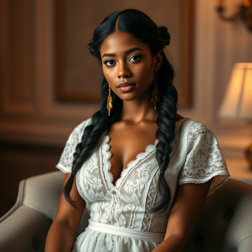 Create a portrait of a refined and elegant woman seated in a sophisticated setting. She has long, wavy hair styled in two thick braids that are pulled over her shoulders. She wears a white, lace gown with intricate patterns, featuring a deep V-neckline and short sleeves. The dress exudes a vintage charm with its delicate lacework. She is adorned with ornate, dangling earrings that add a touch of glamour to her appearance. The background is softly lit, with warm, ambient lighting that creates a cozy and inviting atmosphere. Her expression is poised and serene, capturing a sense of grace and elegance.