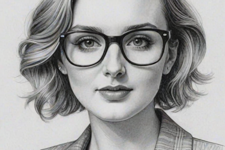 Alluring Laura Carmichael, pencil sketch, portrait of Stunning woman 1977s in glasses, hair style beatnik, outline, clear lines, fine lines, 8k