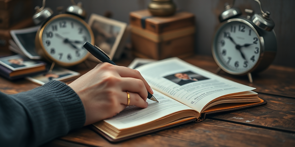 a warm, intimate scene of a hand writing in an old-fashioned notebook with vintage photographs and a classic alarm clock in the background, shot with a Canon EOS R5, 50mm f/1.2 lens, aperture f/2.8, ISO 100, natural light, soft focus for depth, rustic wooden tabletop setting