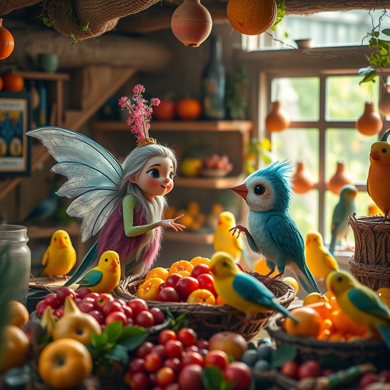 Create a whimsical scene featuring two magical characters in a rustic workshop filled with a variety of birds, surrounded by vibrant fruits and playful interactions, using a Canon EOS R5 with a 50mm f/1.2 lens, aperture set to f/2.8, ISO 100, and soft, diffused natural lighting to enhance the colors and details.