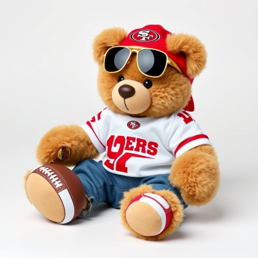 A cute and fluffy teddy bear dressed in a San Francisco 49ers-themed outfit, wearing a red cap with the 49ers logo, aviator sunglasses, and a white football jersey with red accents. The bear is also wearing casual jeans and red and white sneakers, while sitting in a relaxed pose with a football beside it. The teddy bear has a cool, laid-back attitude, with a sporty vibe. The background is clean and minimal, highlighting the bear as the main focus.