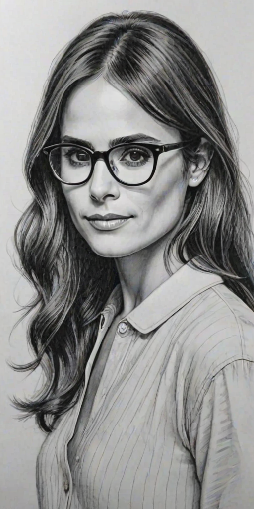 Enchanting Jordana Brewster, pencil sketch, portrait of Superb woman 1927s in glasses, hair style beatnik, outline, clear lines, fine lines, 8k