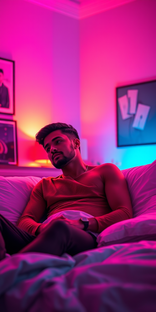 generate a stylized digital art of a man sitting in bed, contemplative expression, warm pink and purple lighting, soft shadows, cozy bedroom setting with art on the walls, DSLR camera, 50mm lens, f/1.8 aperture, ISO 200, natural light, high-resolution image